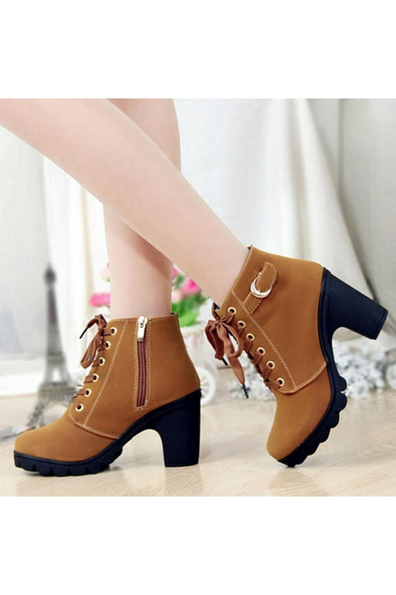 Booties For Women Botas Para Mujer Women Boots Retro Thick Heel High Heel Shoes Boots Plus Size Lace Up Boots Womens Snow Boots