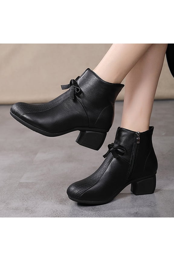 Booties with Heel, Womens Round Toe Short Boots Chunky Heel Ankle Boots Soft Leather Mid Heel Fashion Booties with Zipper