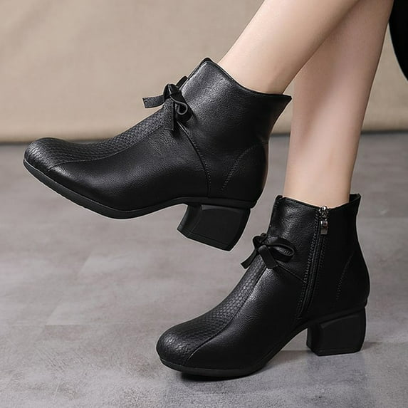 Aueoeo Booties with Heel, Womens Round Toe Short Boots Chunky Heel Ankle Boots Soft Leather Mid Heel Fashion Booties with Zipper
