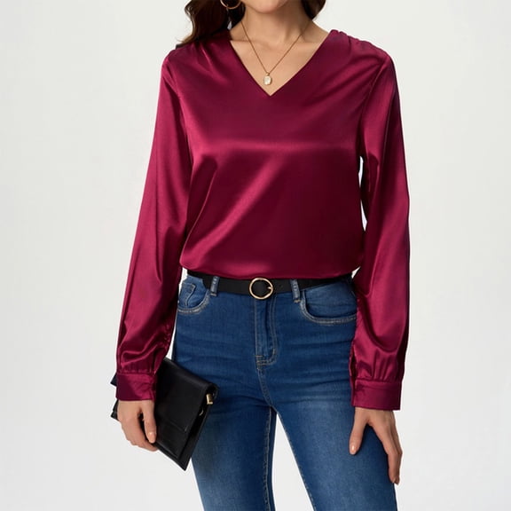 Aueoeo Business Casual Tops for Women Satin Silk Blouse V Neck Long Sleeve Work Shirts Dressy Tops Fall Outfits
