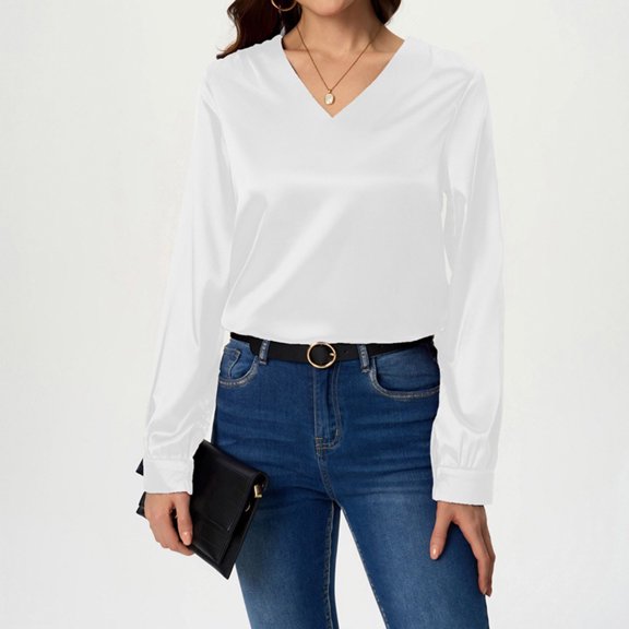 Aueoeo Business Casual Tops for Women Satin Silk Blouse V Neck Long Sleeve Work Shirts Dressy Tops Fall Outfits
