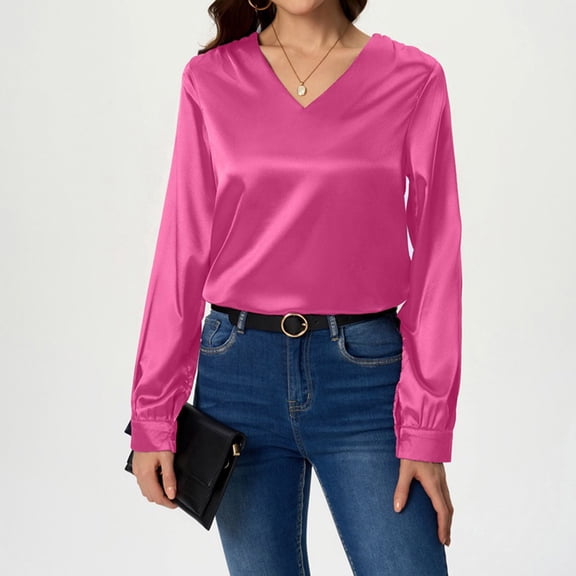 Aueoeo Business Casual Tops for Women Satin Silk Blouse V Neck Long Sleeve Work Shirts Dressy Tops Fall Outfits