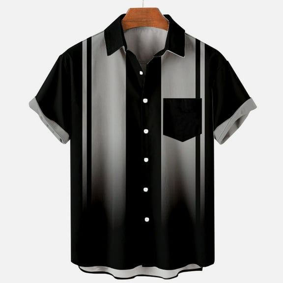 Aueoeo Button -Down Shirt Men Casual Short Sleeve Laple Collar Shirts Color Block Blouse Tops With Pockets L