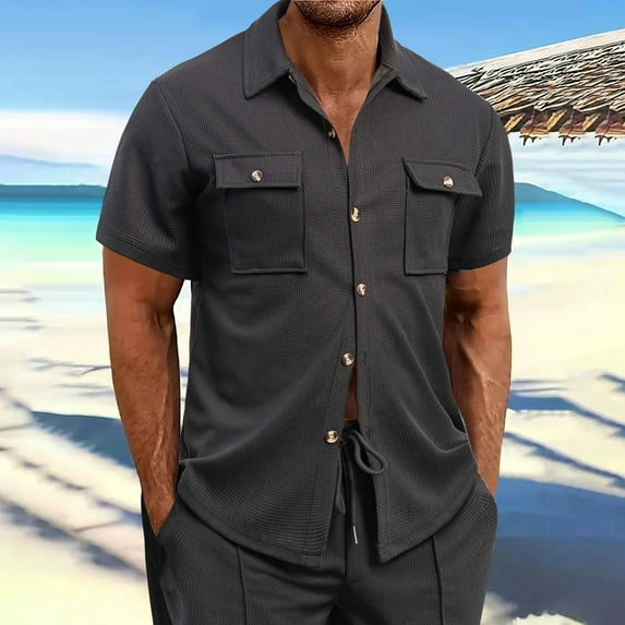 Aueoeo Button Up Shirts For Men Short Sleeve Solid Color Shirts Summer Casual Laple Collar Beach Shirts With Two Pockets