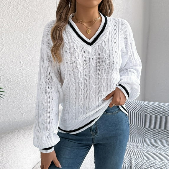 Aueoeo Cable Knit Sweater For Women, Comfortable Fashion V-Neck Long Sleeve Sweater Tops Knitwear