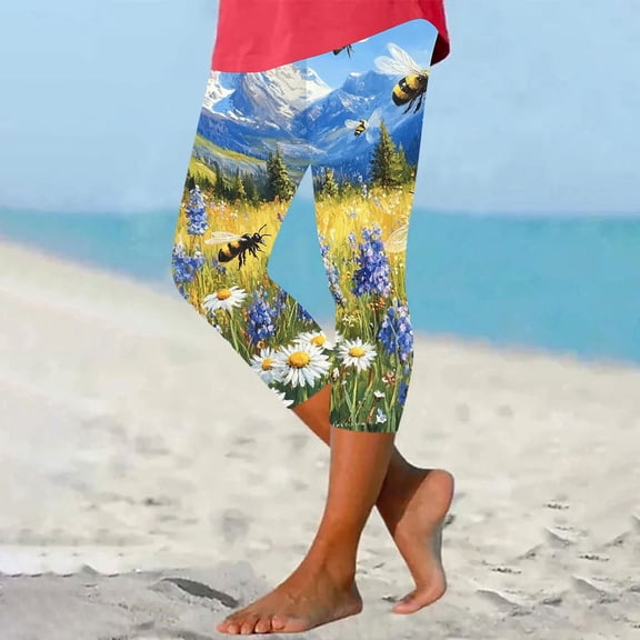 Aueoeo Capris Pants for Women Cute Graphic Printed Yoga Pants High Waist with Pockets Capris Workout Crop Pants