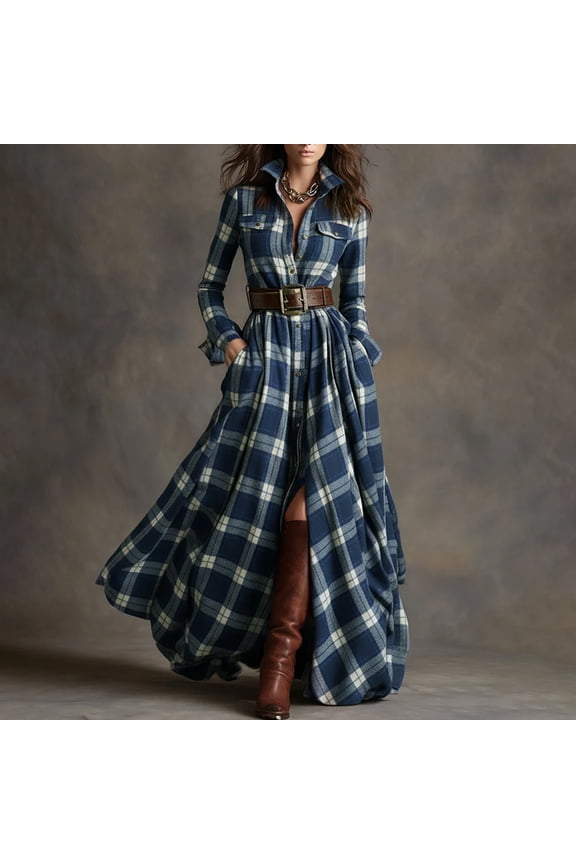 Casual Dresses for Women Dresses Women's Plaid Irregular Long Sleeved Collared Button Up Shirt Jacket Dress With Belt Vacation Dresses for Women