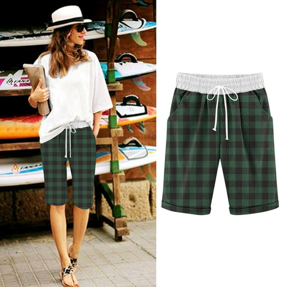 Aueoeo Casual Plaid Shorts For Women Loungewear Shorts Drawstring Comfy Elastic Waist Shorts Summer Pants with Pockets