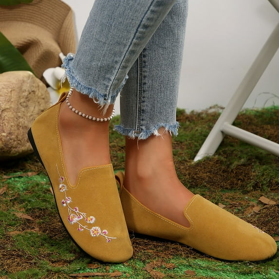 Aueoeo Chinese Embroidered Flats Shoes For Women Round Toe Lightweight Shoes Comfortable Trendy Outdoor Shoes