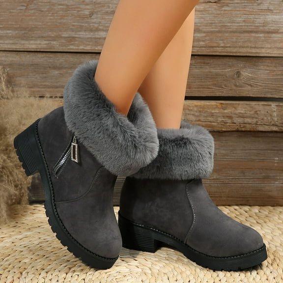 Aueoeo Chunky Boots for Women, Women's Winter Thick Heel Snow Boots Warm Cashmere Ankle Boots Slip On Outdoor Shoes