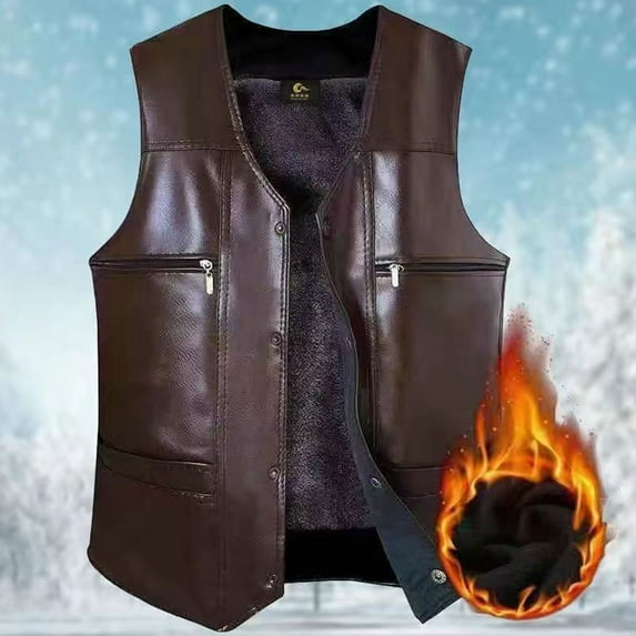 Aueoeo Classic Faux Leather Jacket for Men Vintage Sleeveless Fall Winter Waistcoats Warm Fleece Lined Vests