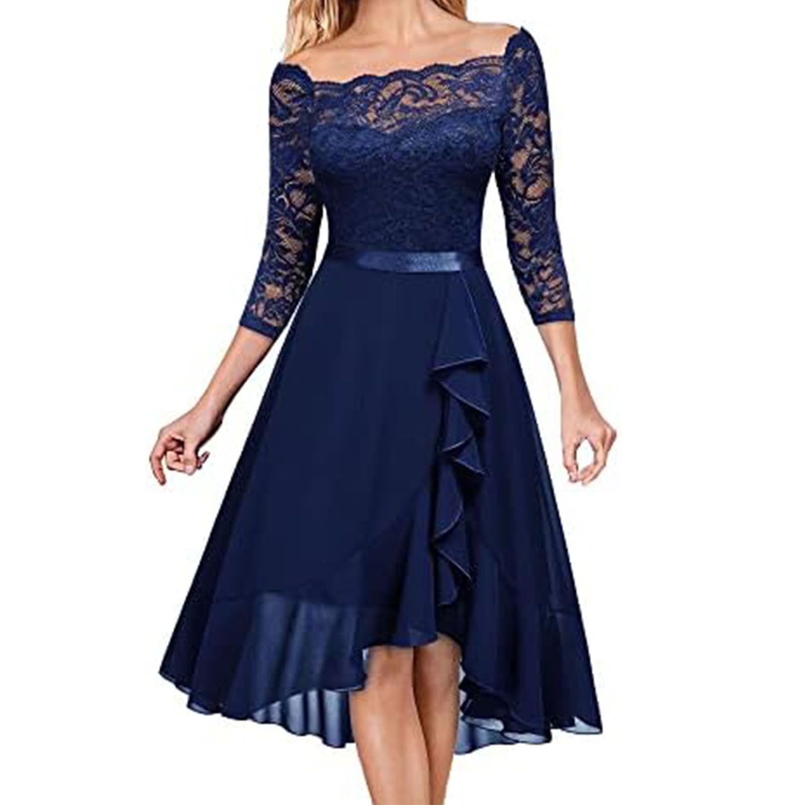 Short A Line Sweetheart Ruffle Off Shoulder Lace Blue Homecoming Dress –  Okdresses