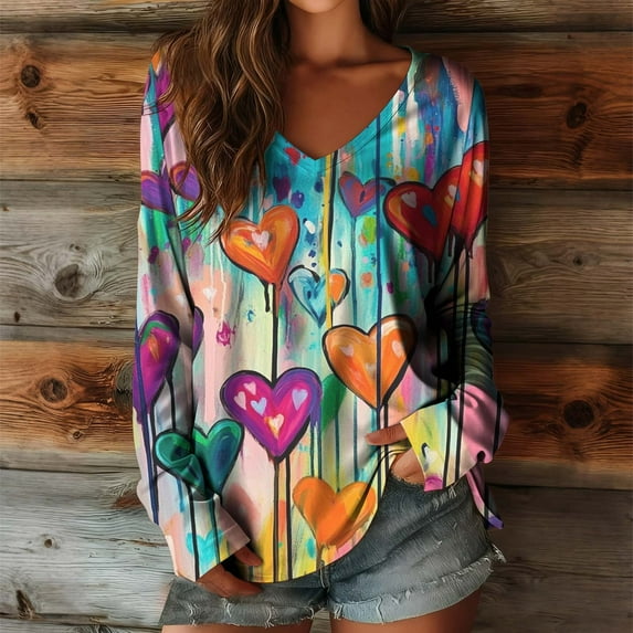 Aueoeo Colorful Printed Tops For Womens Long Sleeve Fashion Shirts Dressy Lightweight Casual Blouses Trendy V Neck Tunic Tees