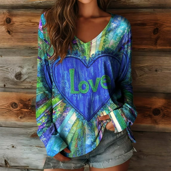 Aueoeo Colorful Printed Tops For Womens Long Sleeve Fashion Shirts Dressy Lightweight Casual Blouses Trendy V Neck Tunic Tees