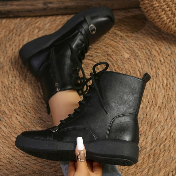 Aueoeo Combat Boots For Women Adjustable Wide Ankle Wide Width Sole Ankle Boots Lace Up Buckle Casual Shoes Black