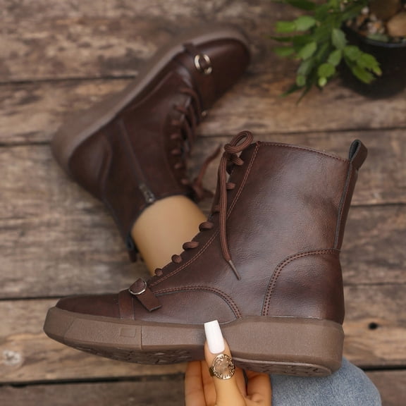 Aueoeo Combat Boots For Women Adjustable Wide Ankle Wide Width Sole Ankle Boots Lace Up Buckle Casual Shoes Brown