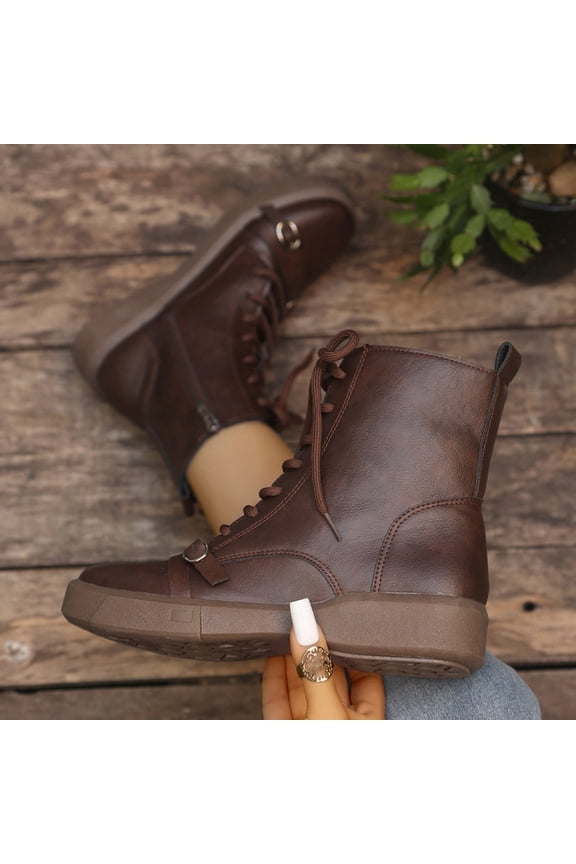 Combat Boots For Women Adjustable Wide Ankle Wide Width Sole Ankle Boots Lace Up Buckle Casual Shoes Brown