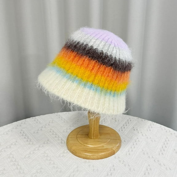 Aueoeo Comfortable Hats for Trendy Women'S Winter Fuzzy Warm Versatile Striped Bucket Hat Knitted Wool Fisherman Hat Caps