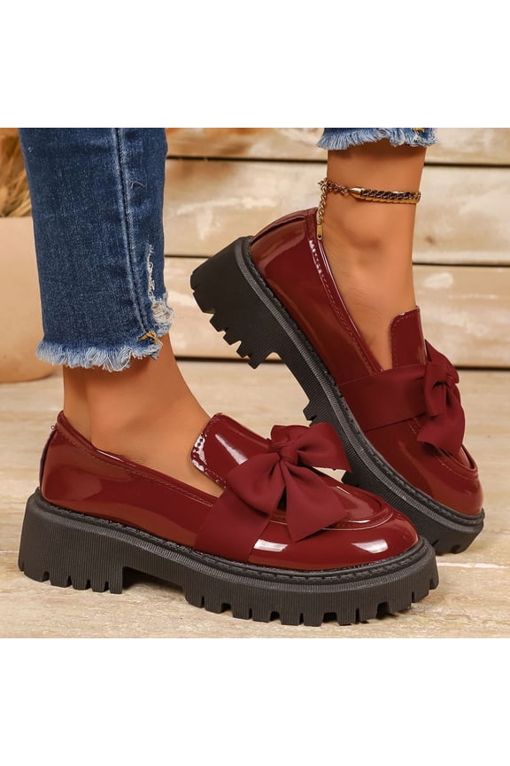 Comfortable Walking Shoes Women Fashionable Casual Versatile British Style Kick Thick Heel Comfortable Round Bow Bow Large Size Thick Heel Small Leather Shoes Dress Up Shoes