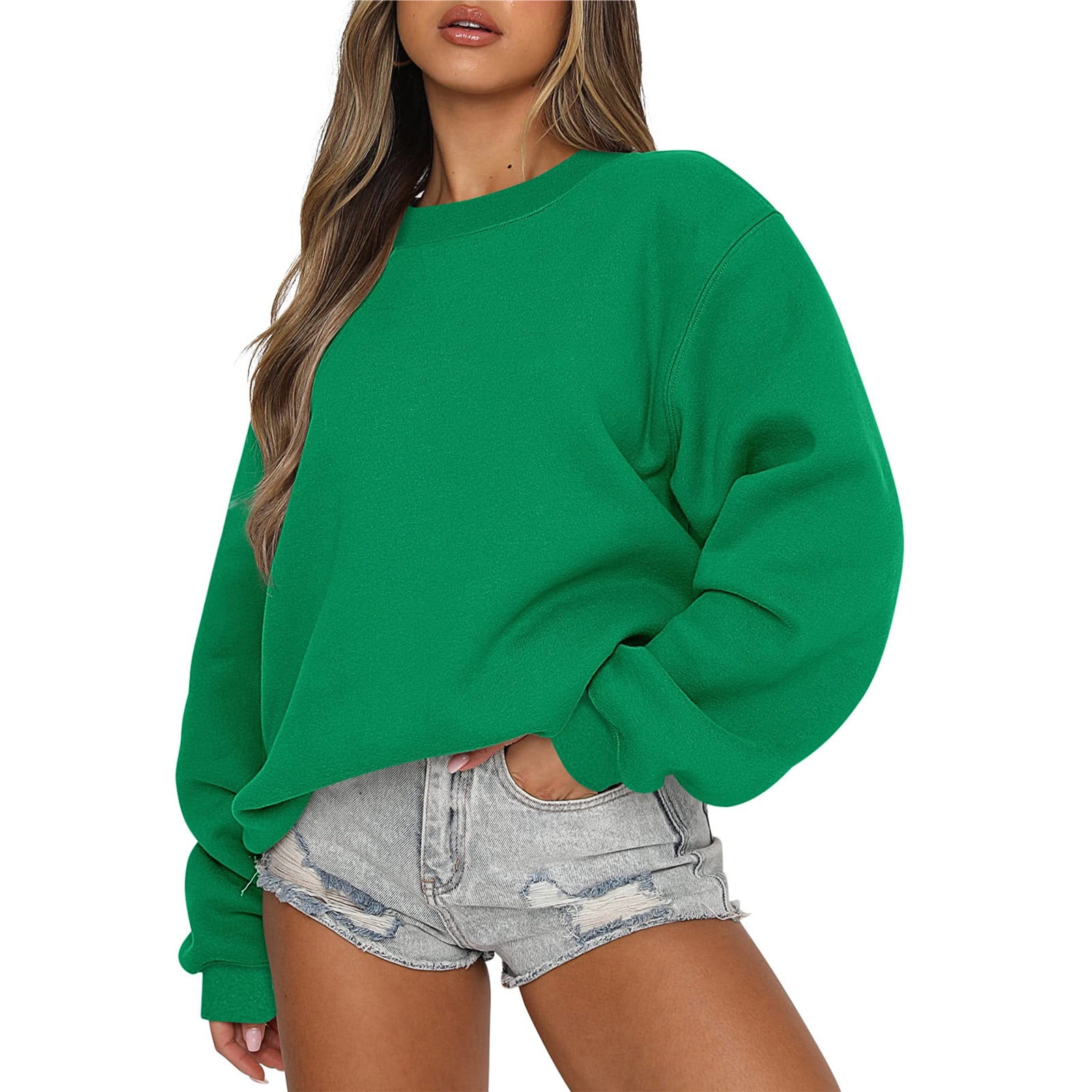 Aueoeo Sweatshirt for Womens Fashion, Women's Casual Long Sleeve Crewneck  Sweatshirt Solid Color Ladies Loose Fit Pullover Tops Blouse 