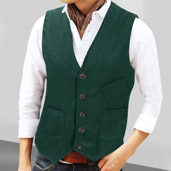 Aueoeo Corduroy Vests For Men V Neck Button Up Waistcoat Business Casual Jacket For Formal Work With Pockets