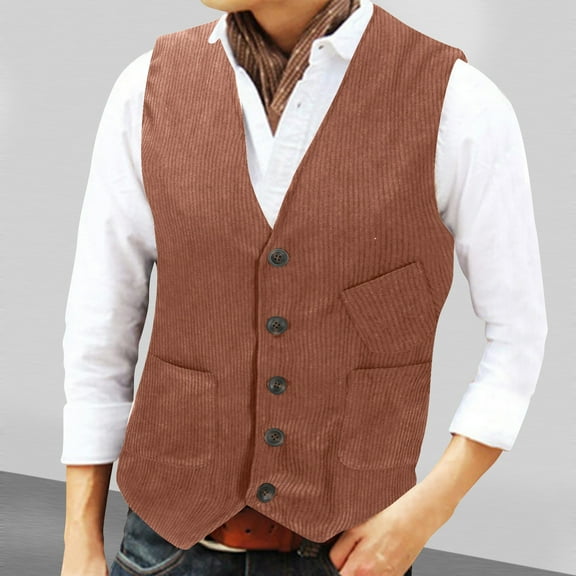Aueoeo Corduroy Vests For Men V Neck Button Up Waistcoat Business Casual Jacket For Formal Work With Pockets