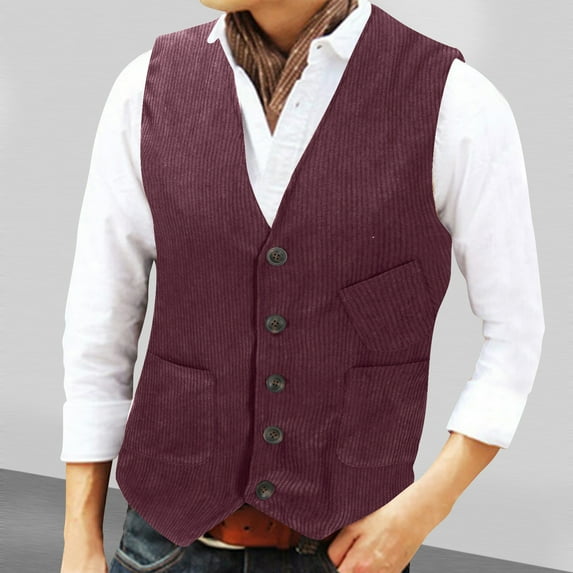 Aueoeo Corduroy Vests For Men V Neck Button Up Waistcoat Business Casual Jacket For Formal Work With Pockets