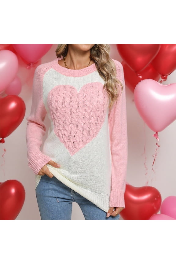 Cute Heart Sweater For Women Fashion Print Valentine Romantic Knitted Top Casual Crewneck Long Sleeve Sweaters Pullover