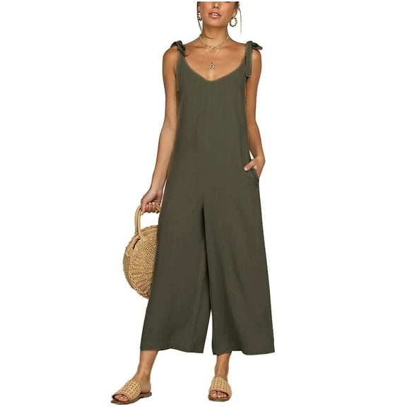 Aueoeo Cute Outfits for Women, Women's Sleeveless Spaghetti Straps Wide Leg Pants Jumpsuits Solid High Waist Loose Backless Jumpsuit Rompers With Pockets