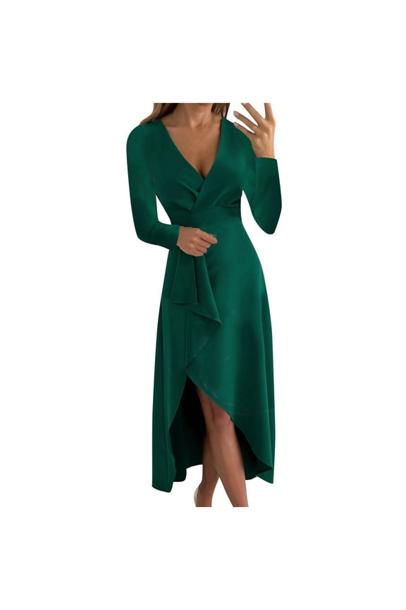 Cute Skirts Fashion Women Sexy Casual Buttocks V-Neck Solid Slimming Long Leeve Dress