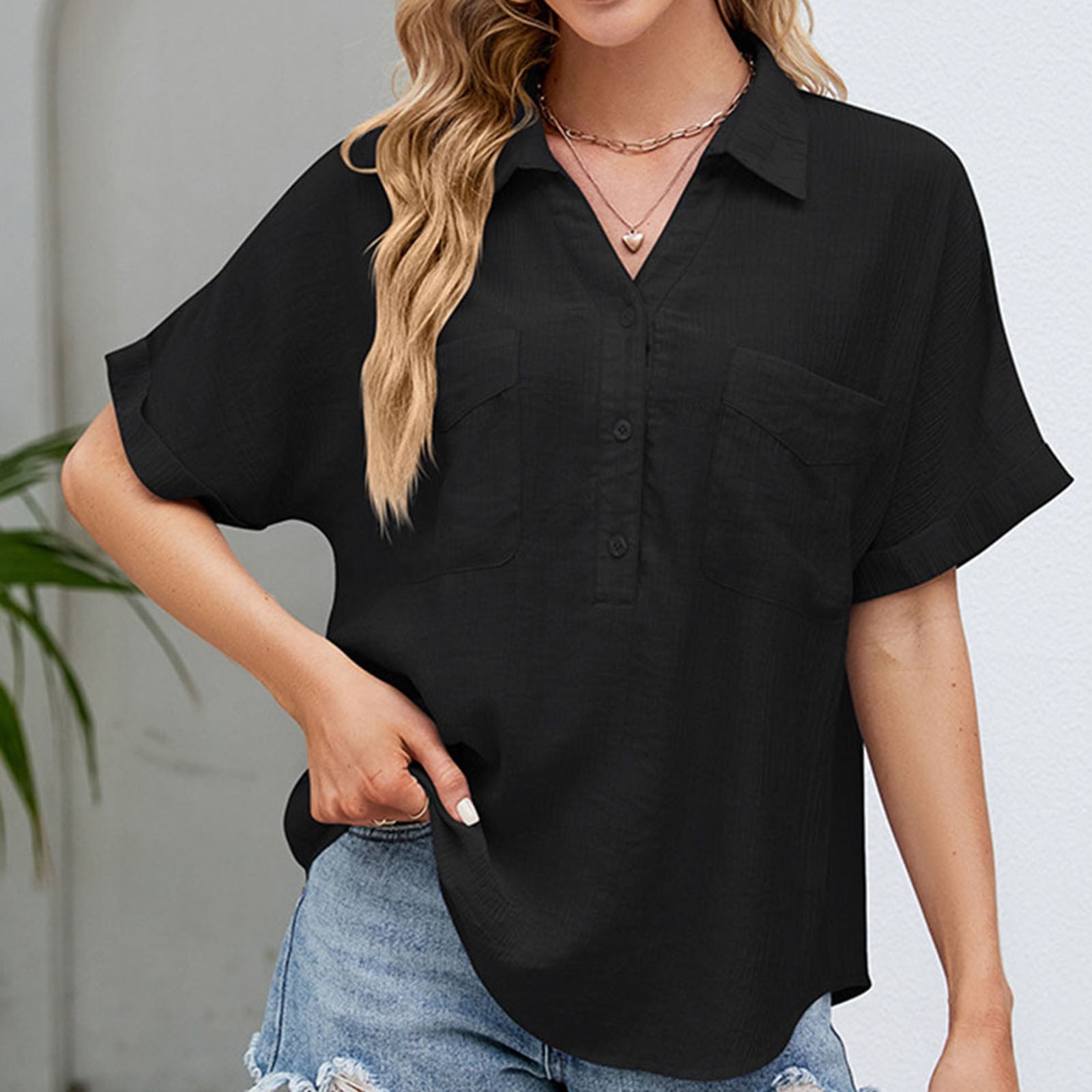 Aueoeo Cute T Shirts for Women, Women's Cotton Linen Shirt Short Sleeve  Button Up Pocket V-Neck T-Shirt Short Sleeve Lapel Top 