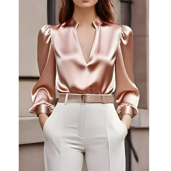 Aueoeo Daily Work Shirts For Women Casual Silk Satin Shirt Solid Color Dressy Casual T-shirt Long Sleeve V Neck Blouse