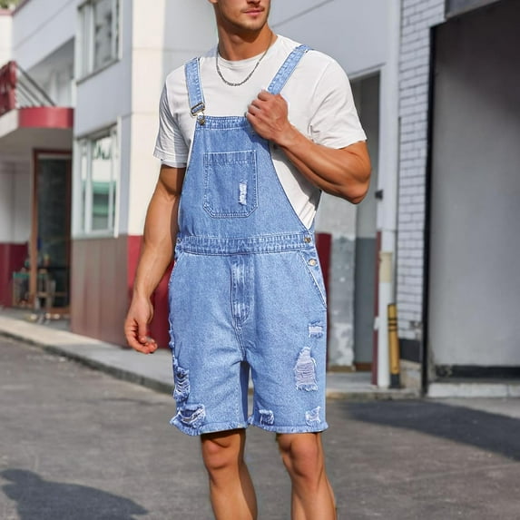 Aueoeo Denim Shorts For Men Bib Overall Jean Romper Casual Loose Walkshort Muliti Pockets Summer Jumpersuit