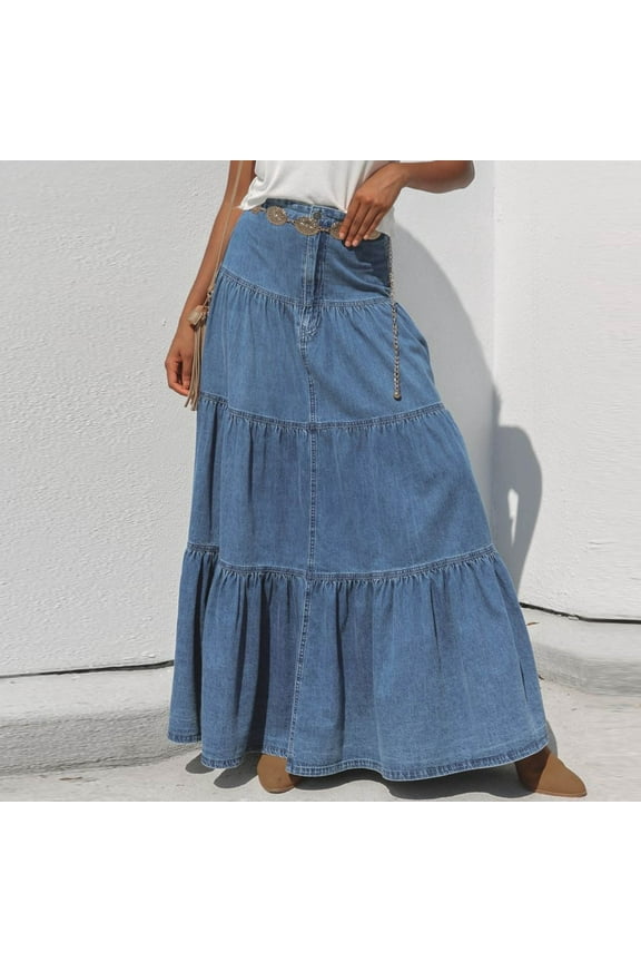 Denim Skirts For Women Casual Solid Color Streetwear Trendy Skirts Smock Layered Tiered Maxi Skirt