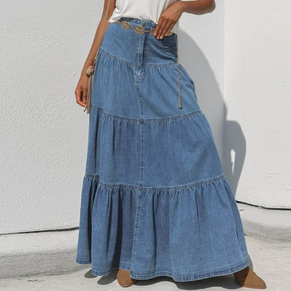 Aueoeo Denim Skirts For Women Casual Solid Color Streetwear Trendy Skirts Smock Layered Tiered Maxi Skirt