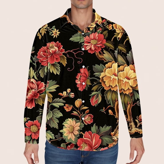 Aueoeo Dress Shirt For Men Loose Fits Floral Printed Shirt Long Sleeve Hawaiian Shackets Button Up Shirt Lightweight Top Black L