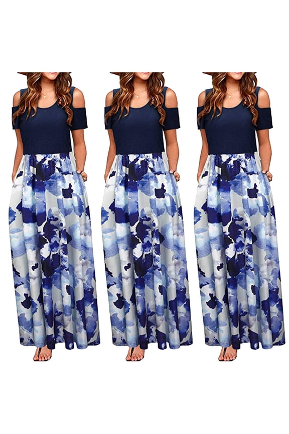 Dresses For Women Dresses For Women Summer Cold Shoulder Floral Print Elegant Maxi Long Dress Pocket Dress Womens Dresses