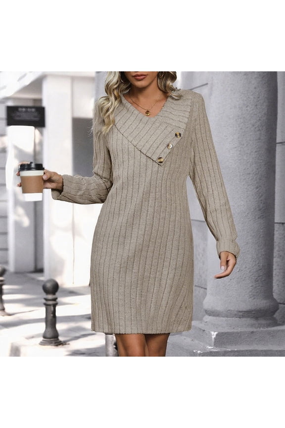 Dresses for Women Sundresses for Women Women's Solid Color Brushed Stripe Knitted Skirt Button Slanted Collar Straight Tube Version Dress Women's Casual Dresses