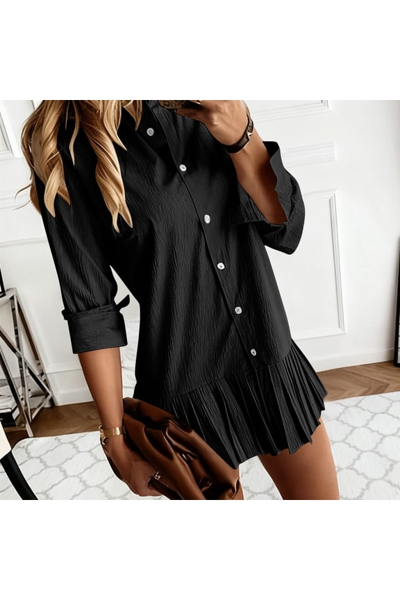 Dresses for Women Women's formal Dresses Women's Solid Color Long Sleeved Collared Pleated Shirt Lining Dress Womens Dresses