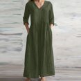thumbnail image 1 of Aueoeo Dresses with Long Sleeves, Women's 3/4 Sleeve Dress 2023 Casual High Waist Round Neck Midi Dress Cotton Linen Dress with Pockets, 1 of 6