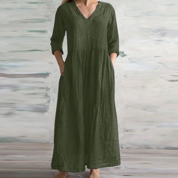 Aueoeo Dresses with Long Sleeves, Women's 3/4 Sleeve Dress 2023 Casual High Waist Round Neck Midi Dress Cotton Linen Dress with Pockets