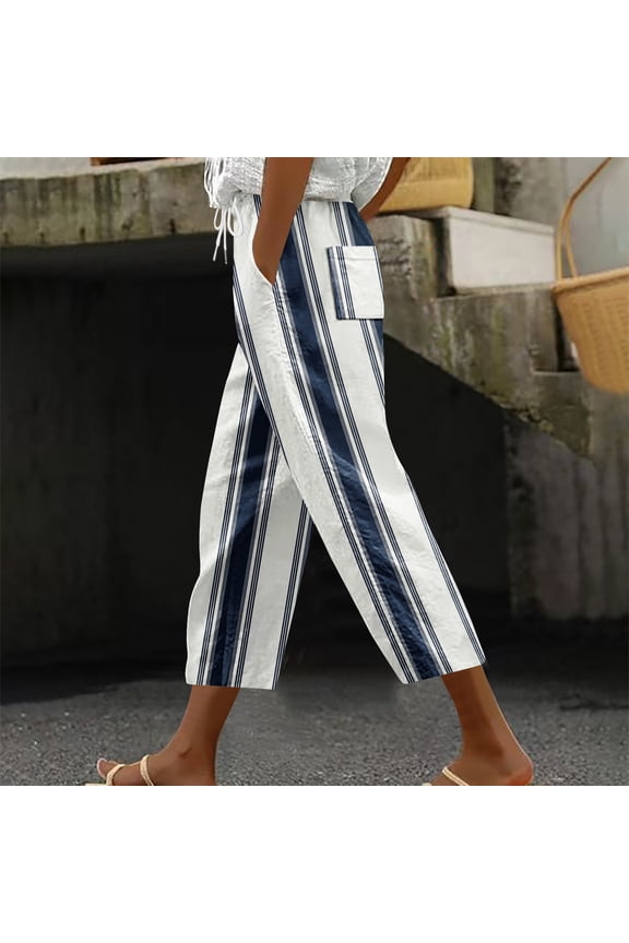 Elevate Your Casual Style with Women's Casual Relaxed Fit Pants: Drawstring, Striped Print, Fashionable Belt, and Convenient Pockets - Perfect Wide Leg Capris On Clearance