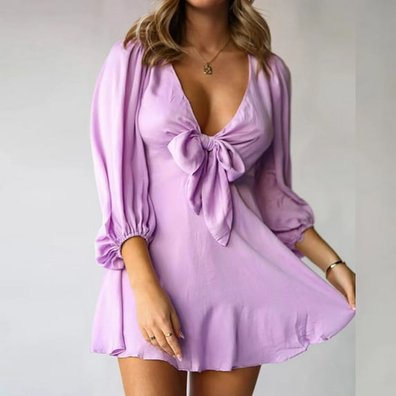 Aueoeo Evening Dresses for Women Elegant, Women's Dress Solid Long Sleeve Bow Deep V Neck Fishtail Ruffle Hem Short Mini Dresses Basic Midi Club Dress Knee-Length