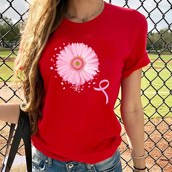 Aueoeo Fall Top For Women Cute Top Ladies' Round-Neck Breast Printed Short-Sleeved T-Shirt Top Casual Top For Women