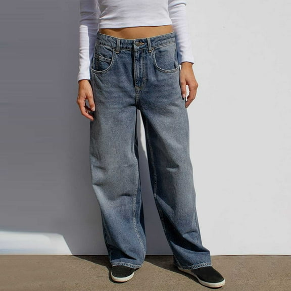 Aueoeo Fashion Cargo Jeans Straight Leg Pants For Women Solid Color Button Zipper Pockets Length Wide Leg Jeans