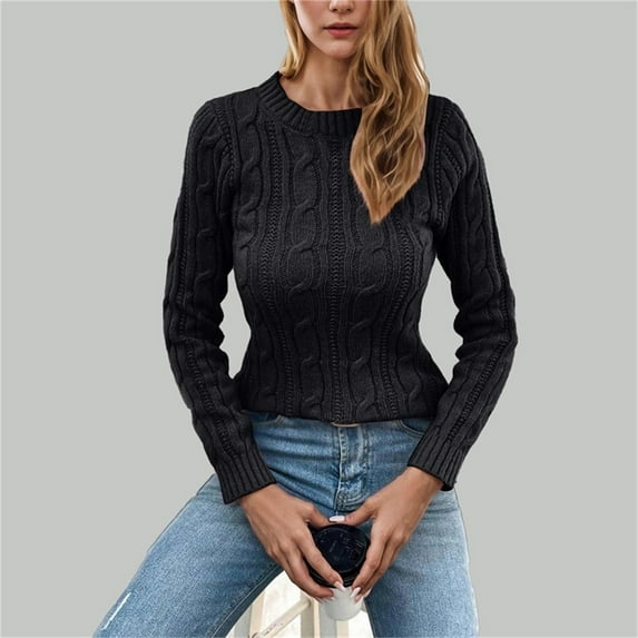 Aueoeo Fashion Sweaters for Women Crewneck Long Sleeve Slim Fitted Textured Cable Knit Pullover Sweater Tops