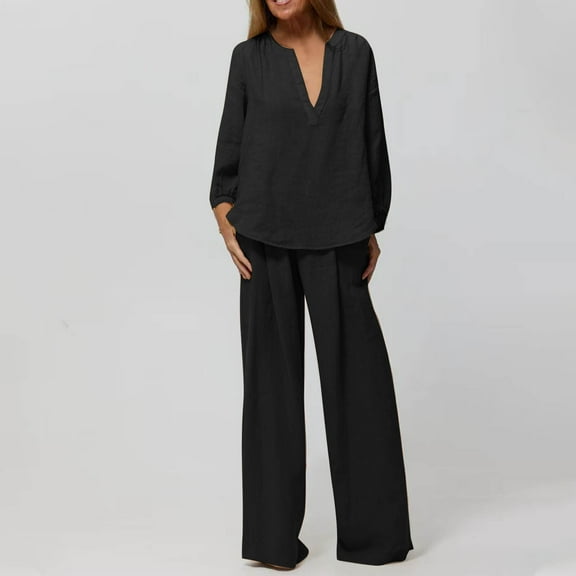 Aueoeo Fashion Two Piece Outfits For Women V Neck Long Sleeve Shirt And High Waist Straight Leg Pants With Pockets