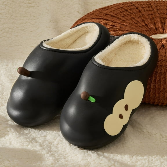 Aueoeo Faux Leather Slippers for Women Warm Fuzzy Furs Lined House Slippers Cute Comfy Slippers for Indoor Outdoor