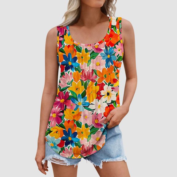 Aueoeo Floral Printed Tank Tops For Womens Sleeveless Tunic Shirts Fashion Basic Soft Casual Trendy Vacation Outfits