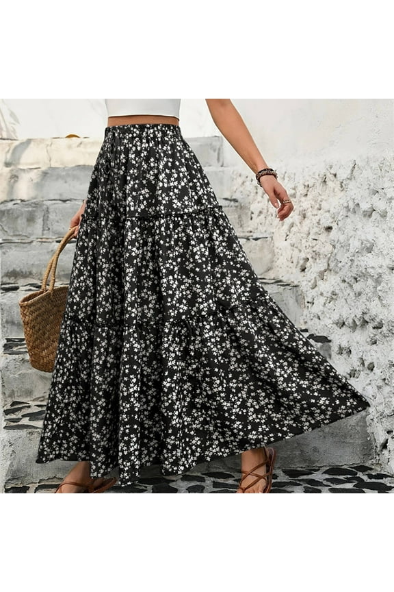 Floral Skirts For Women Maxi Skirt Elastic High Waist Dress Ruffle Flowy Skirt Causal Ankle Length Skirt Black M